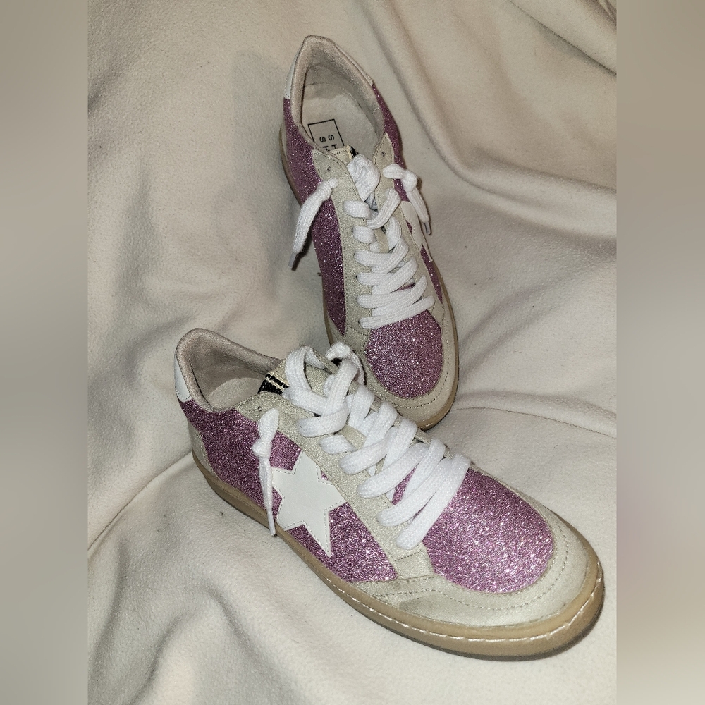 ShuShop Piera Pink Glitter Sneakers Retro-inspired Low-top White Star 8.5 NWOT
